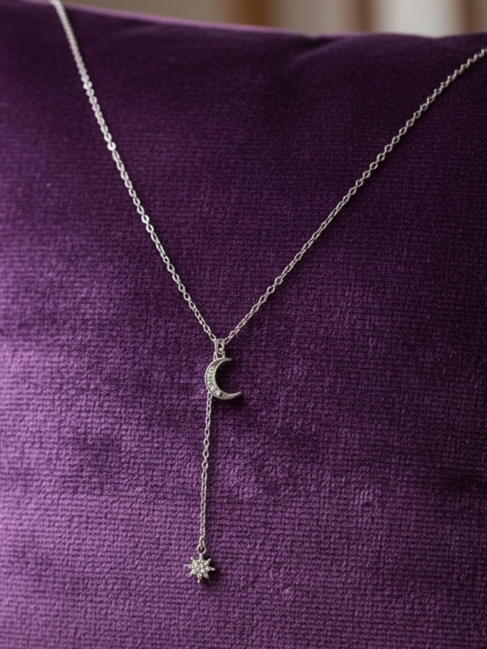 Sparkly CZ Platinum Plated Moon & Star Lariat Necklace - Women's Jewelry. New.